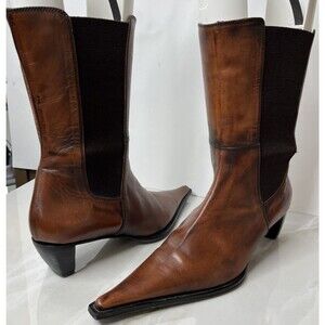 Romanelli Western Vrg Pointy Low Heel Mid Calf Brown Leather 7 Eu 38 N Boots
